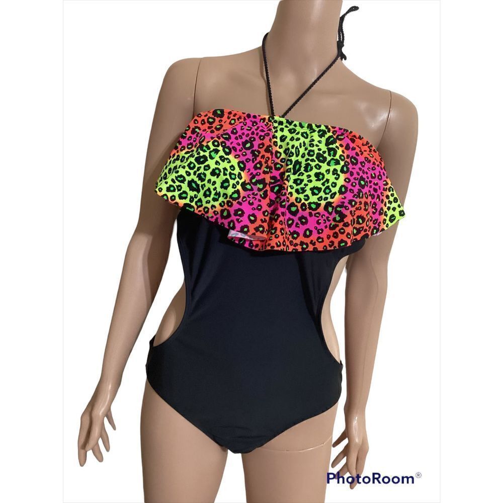 Vintage OP Neon Animal Print Cutout One Piece Swimsuit L